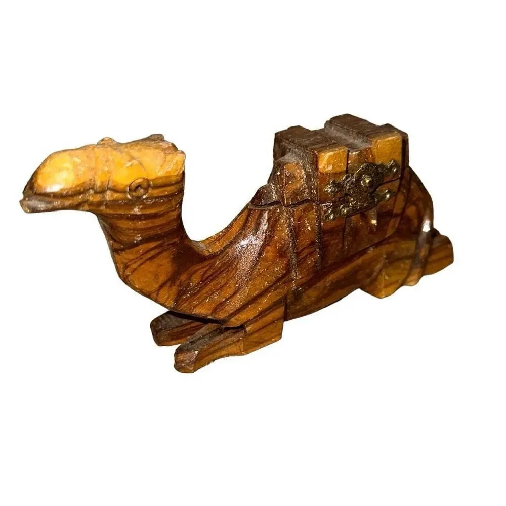 Camel Figurine From Egypt hand carved olive wood trinket box vintage wooden